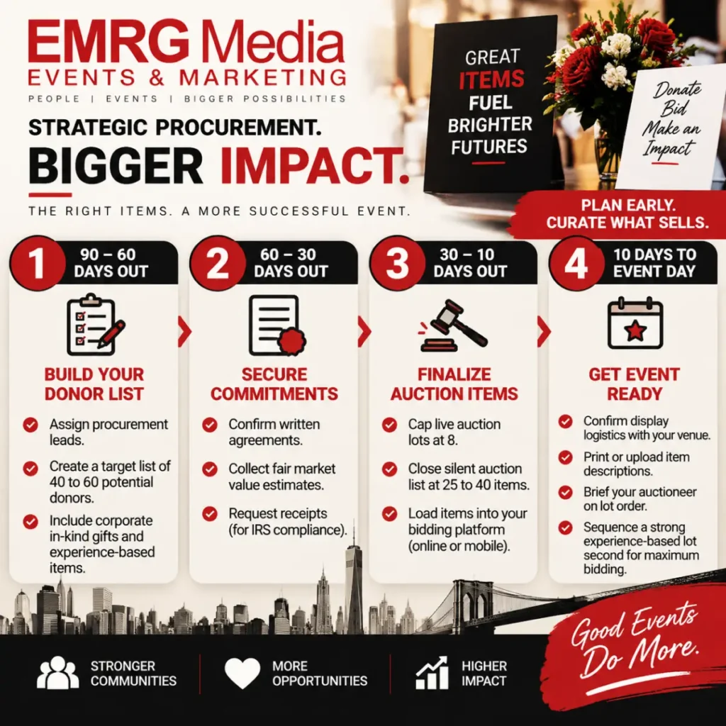 EMRG Media infographic detailing a 4-step, 90-day fundraising auction procurement timeline to build and finalize items.