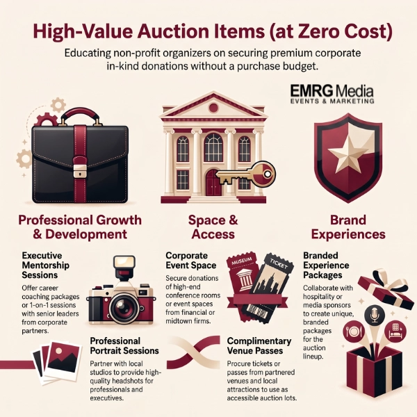 Diagram outlining zero-cost corporate auction item ideas like mentorship sessions and event spaces