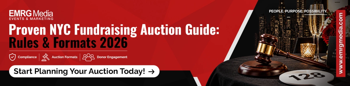 Fundraising auction banner for EMRG Media's 2026 NYC guide featuring a gavel, bidder paddle, and cityscape.