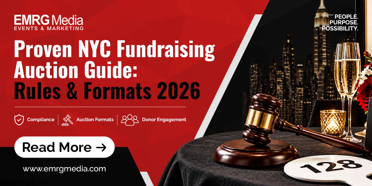 Fundraising auction guide image for EMRG Media's Rules & Formats 2026, featuring a gavel and NYC skyline.