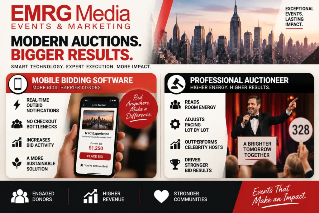 EMRG Media infographic comparing mobile bidding software and a professional auctioneer for a live fundraising auction.
