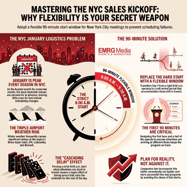 Infographic showing why a flexible 90-minute start is crucial for a successful NYC sales kickoff agenda
