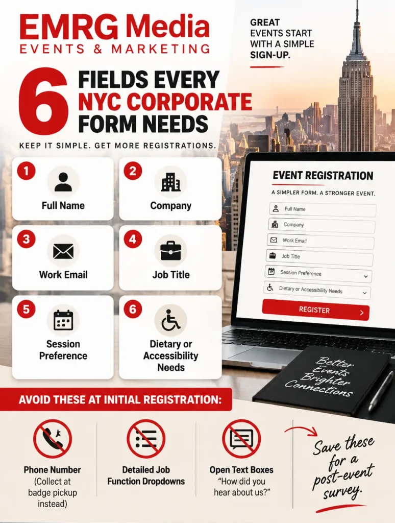 EMRG Media infographic detailing 6 essential fields for NYC corporate event registration forms.