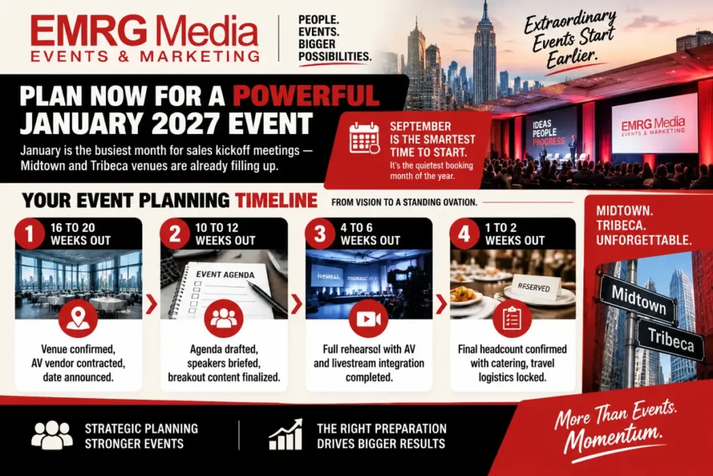 EMRG Media infographic detailing a 4-step event planning timeline for a January 2027 NYC sales kickoff meeting.
