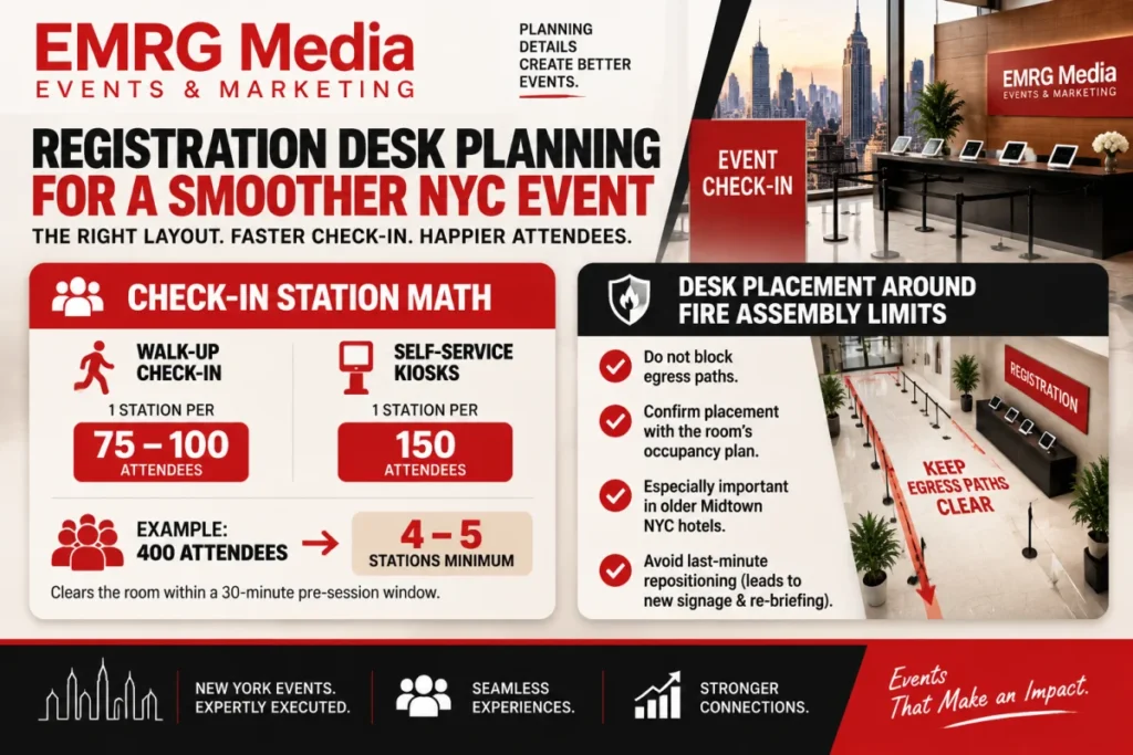 EMRG Media guide on NYC event check-in math and desk placement for fire safety.