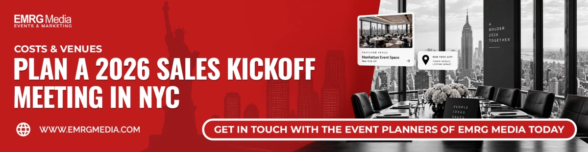 Sales kickoff meeting banner for EMRG Media in NYC, featuring Manhattan event space and city skyline views.
