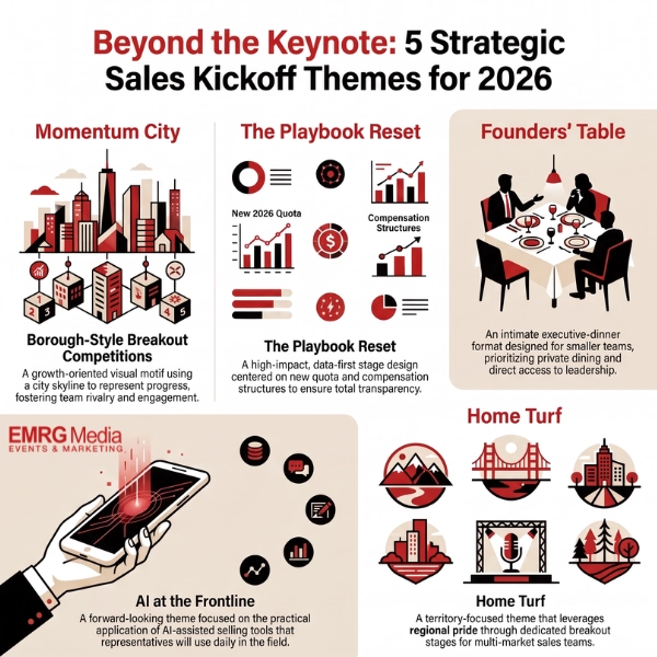 Infographic showing 5 strategic sales kickoff themes including Momentum City and The Playbook Reset for 2026