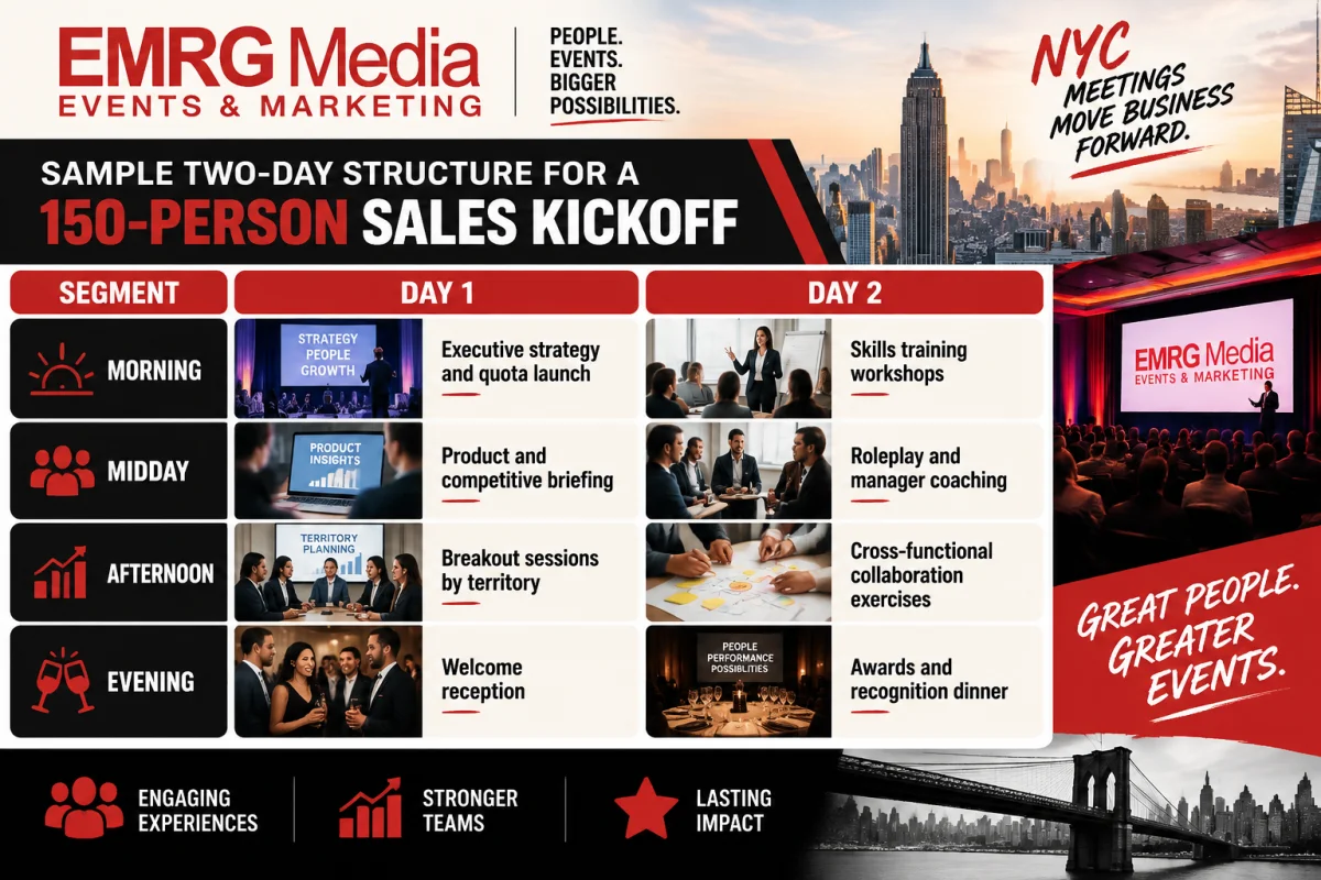 EMRG Media infographic detailing a sample two-day agenda structure for a 150-person sales kickoff meeting.