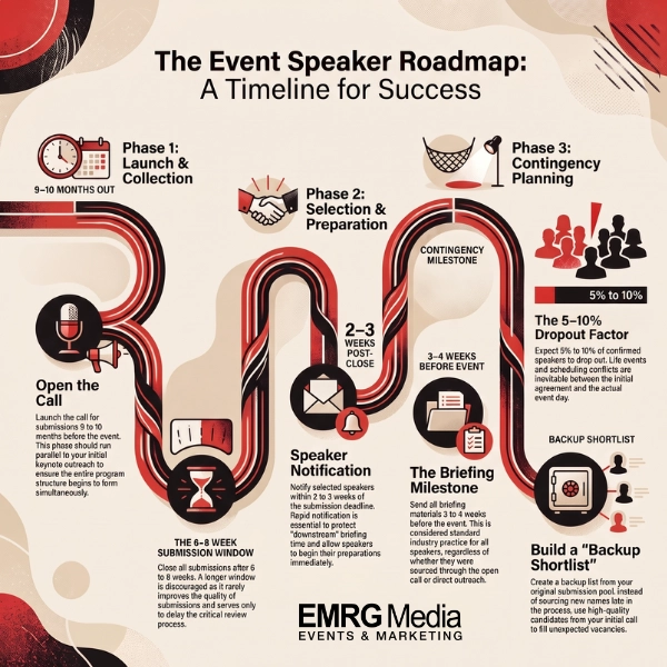 Infographic showing the call for speakers roadmap, submission windows, and deadlines