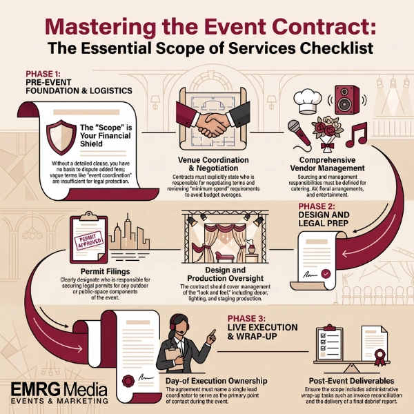 Infographic checklist showing scope of services deliverables in an event planning contract agreement.