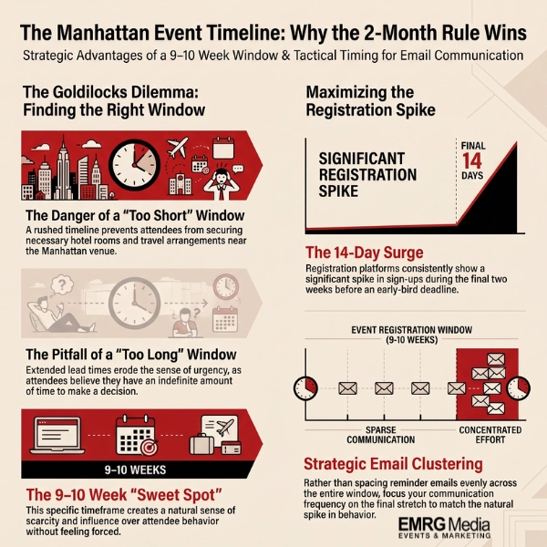 Infographic showing the two-month rule for early bird registration timelines and a 14-day registration spike