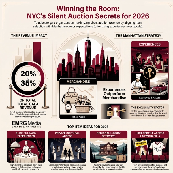 Infographic with silent auction ideas for NYC fall galas showing top-selling experiences and revenue stats