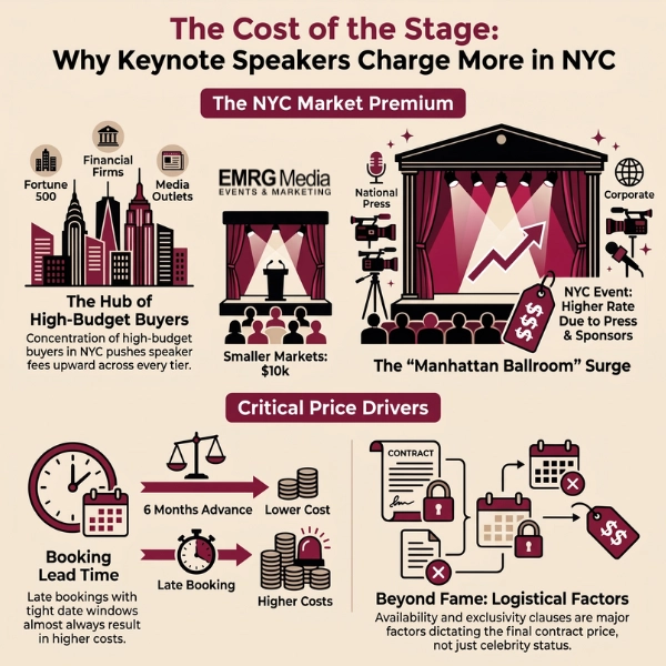 Infographic explaining what drives keynote speaker cost in NYC, including market premiums and booking lead times