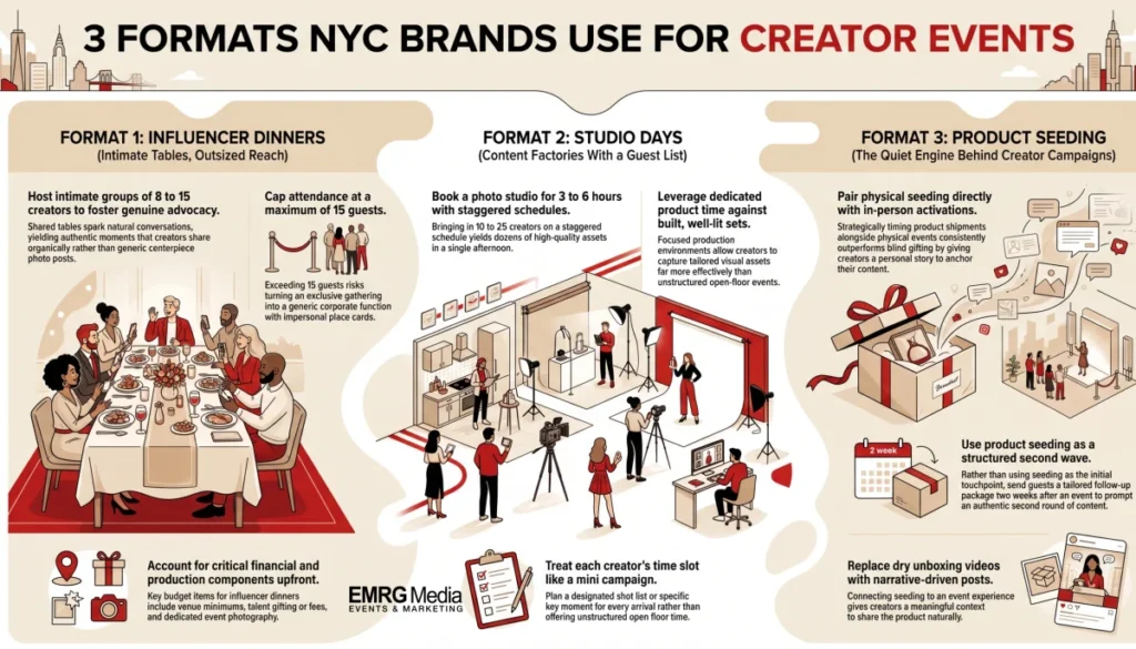 Infographic of three formats for a creator event in NYC including dinners and studio days