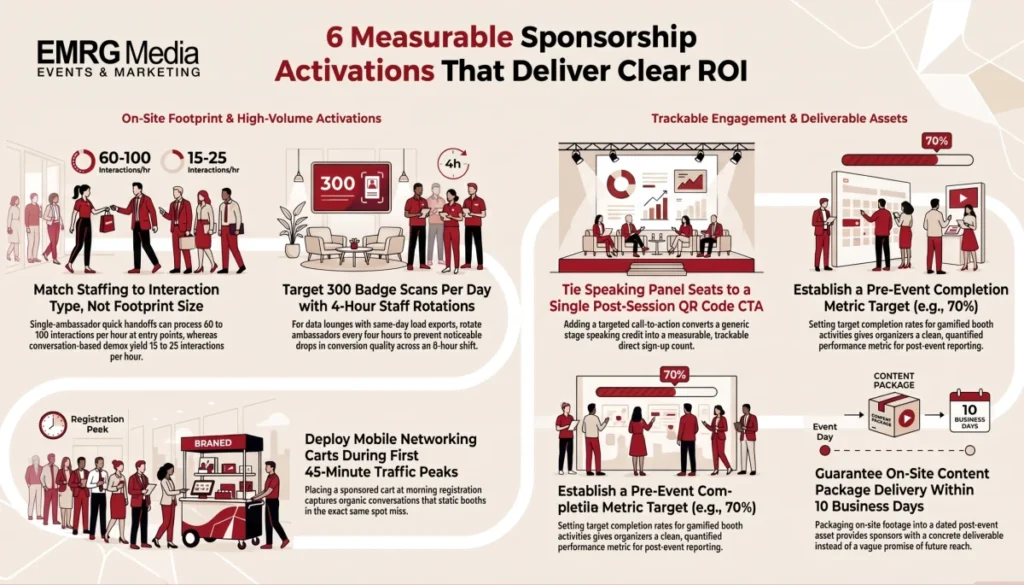 Infographic detailing six measurable sponsorship activation ideas that prove event ROI.
