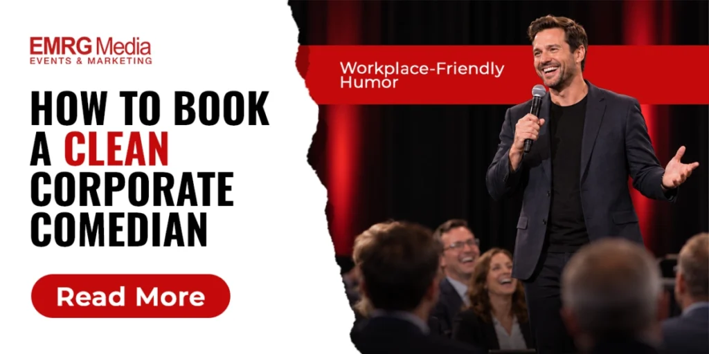 Guide on booking a clean corporate comedian, featuring a performer delivering workplace-friendly humor