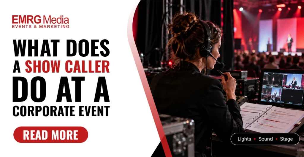 Corporate event show caller on headset with cue script managing live program technical feeds