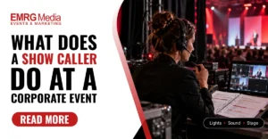 Corporate event show caller on headset with cue script managing live program technical feeds