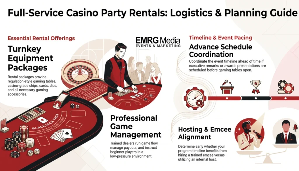 Corporate casino night party rentals infographic featuring gaming tables, dealers, and timeline