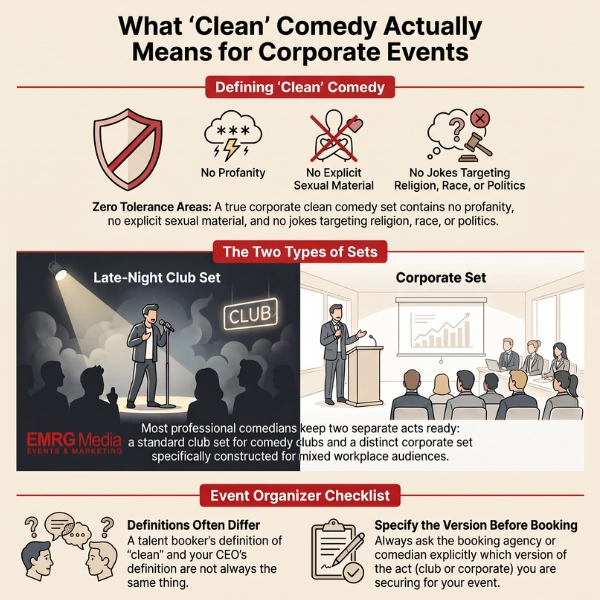 Infographic defining a clean corporate comedian, comparing late-night club acts to workplace corporate sets