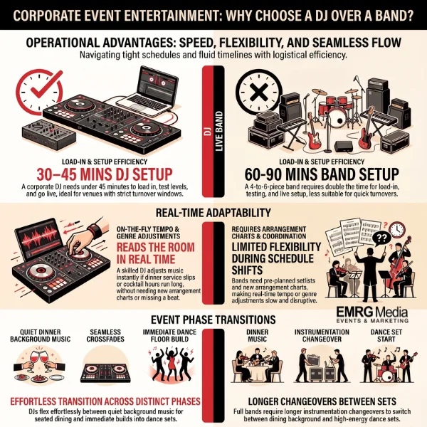 Infographic showing the operational benefits of a corporate event dj over a live band