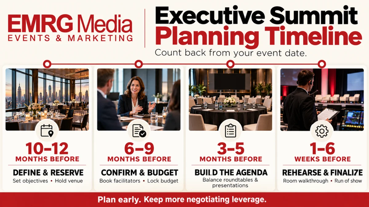 EMRG executive summit timeline: reserve venue, book facilitators, build the agenda, and finalize rehearsals before the event.