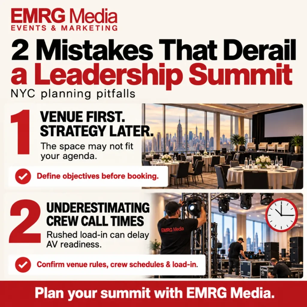 EMRG infographic showing two summit mistakes: booking venues before objectives and underestimating crew call times.
