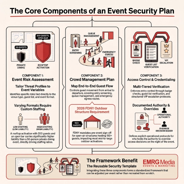 Infographic outlining the core components of a successful event security plan in NYC