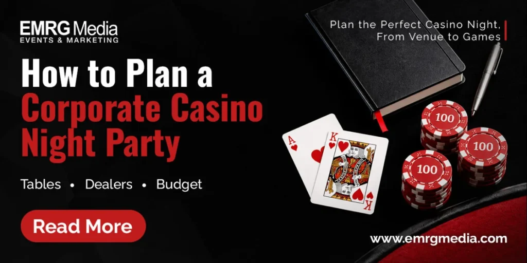 How to plan a corporate casino night party guide by EMRG Media with poker chips and cards