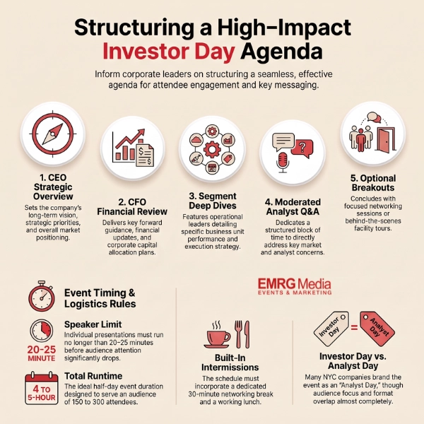 Infographic showing the ideal investor day agenda structure, timeline, and logistics