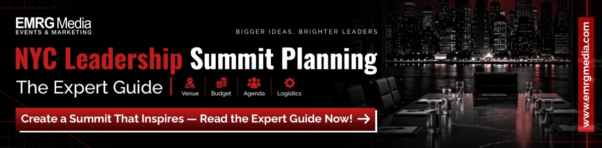 Leadership summit banner for EMRG Media's NYC planning guide, set against a dark boardroom overlooking a skyline.