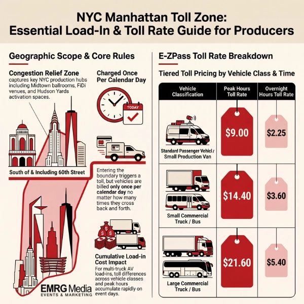 Infographic guide showing congestion pricing nyc toll rates and zone map for event producer load-ins