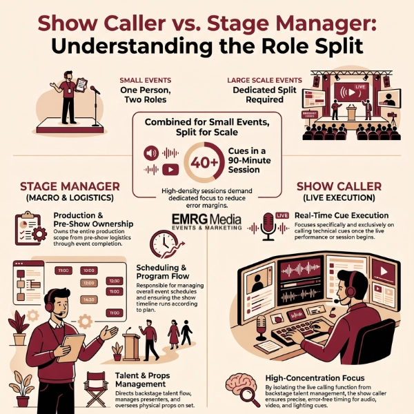 Infographic comparing stage manager duties versus a dedicated show caller for event scale