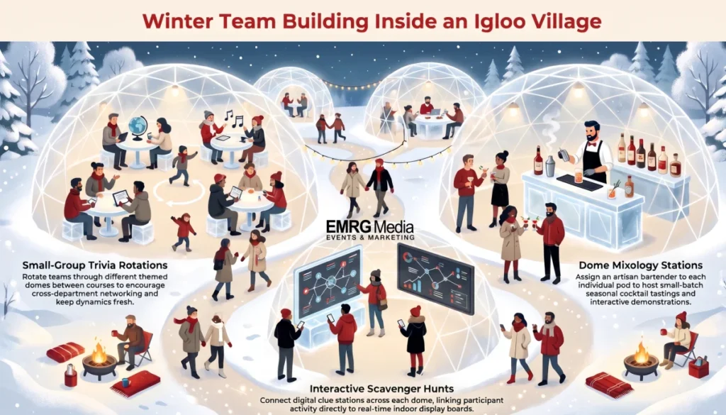 Interactive team building activities inside an igloo rental in NYC rooftop village.